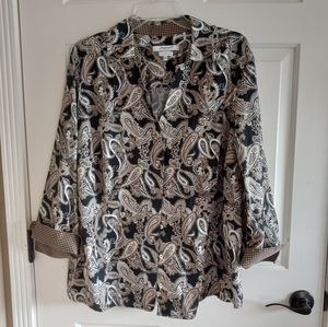 Foxcroft sz 20 Top Black Tan Paisley Wrinkle Free Fitted Blouse